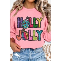 Pink HOLLY JOLLY Christmas Festive Letter Graphic Sweatshirt - M thumbnail
