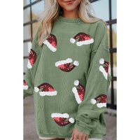 Grass Green Sequined Christmas Hat Graphic Winter Corded Sweatshirt - L thumbnail