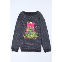 Gray Stunning Christmas Tree Printed Drop Shoulder Corded Sweatshirt - L thumbnail