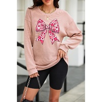 Pink Valentines Heart Checkered Bow Pattern Corded Baggy Sweatshirt - L thumbnail