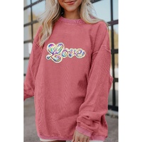 Strawberry Pink Sequin Love Graphic Drop Shoulder Corded Valentines Sweatshirt - XL thumbnail