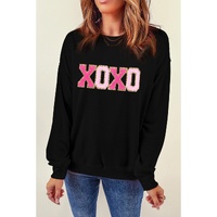 Black Chenille XOXO Patched Drop Shoulder Valentines Pullover Sweatshirt - S thumbnail
