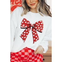 White Heart Bow Printed Round Neck Valentines Pullover Sweatshirt - S thumbnail