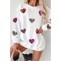 White Valentines Heart Patched Pattern Corded Pullover Sweatshirt - L thumbnail