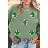 Grass Green Ribbed Four Leaf Clover Graphic St. Patricks Pullover Sweatshirt - S thumbnail