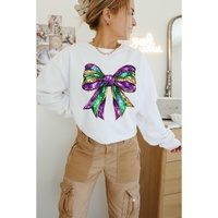 White Mardi Gras Bow Graphic Drop Shoulder Sweatshirt - XL thumbnail