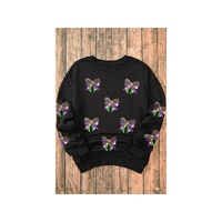 Black Sequin Mardi Gras Bow Graphic Drop Shoulder Pullover Sweatshirt - M thumbnail