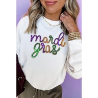 White Sequined mardi gras Graphic Crew Neck Drop Shoulder Sweatshirt - L thumbnail