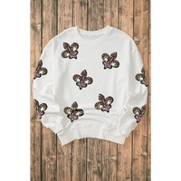 White Sequined Fleur De Lis Drop Shoulder Sweatshirt - XL thumbnail