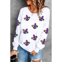 White Fleur De Lis Sequin Patched Graphic Drop Shoulder Sweatshirt - XL thumbnail