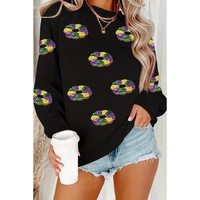 Black Sequined Donuts of Mardi Gras Colors Drop Shoulder Sweatshirt - M thumbnail