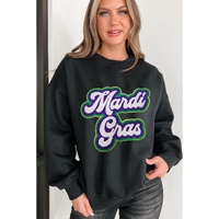 Black Mardi Gras Chenille Patched Graphic Drop Shoulder Sweatshirt - S thumbnail