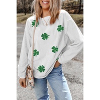 White Sequin Clover Patched Drop Shoulder Corded Sweatshirt - M thumbnail