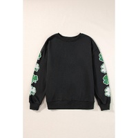 Black Sequin Clover Patched Drop Shoulder Sweatshirt - L thumbnail