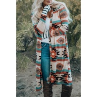 Multicolor Geometric Color Block Open Front Long Cardigan - XL thumbnail