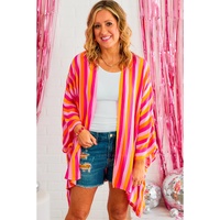 Rose Stripe Wide Sleeve Open Front Kimono - One Size thumbnail