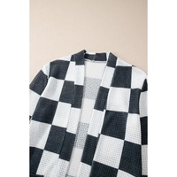 Black Checkered Waffle Knit Thumbhole Open Front Cardigan - S thumbnail
