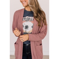Mineral Red Solid Color Waffle Knit Cardigan with Pocket - XL thumbnail