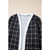Black Plaid Colorblock Edge Open Cardigan with Pocket - M thumbnail