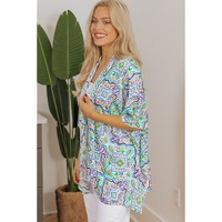 White Boho Floral Printed Rhinestone 3/4 Sleeve Open Front Kimono - S thumbnail