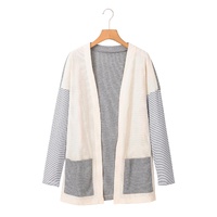 Black Stripe Colorblock Patchwork Open Front Cardigan with Pocket - S thumbnail