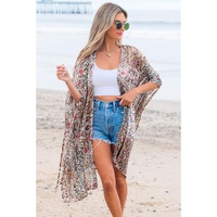 Apricot Floral Print Short Wide Sleeve Open Front Loose Kimono - One Size thumbnail