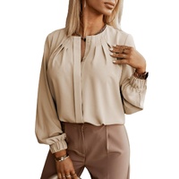 Khaki Crew Neck Gathered Stretch Cuff Shirt - M thumbnail
