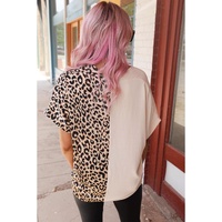 Khaki Contrast Leopard Color Block Blouse - M thumbnail