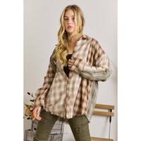 Brown Multi Plaid Patchwork Raw Edge Casual Shirt - XL thumbnail