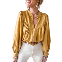 Azura Exchange Pleated Yellow Puff Sleeve Loose Shirt - L thumbnail