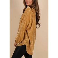 Gold Solid Color Button Up Loose Fit Velvet Shirt - M thumbnail