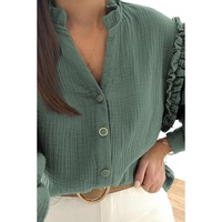 Azura Exchange Frilled Split Neck Crinkled Shirt - S thumbnail