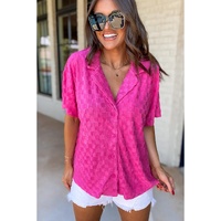 Bright Pink Lapel Neck Checkered Textured Short Sleeve Shirt - L thumbnail