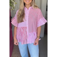 Pink Stripe Striped Patchwork Ruffled Hem Button up Shirt - L thumbnail
