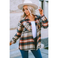 Azura Exchange Khaki Geometric Plaid Print Pocketed Shacket - L thumbnail