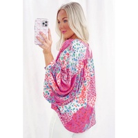Rose Red Floral Allover Print Buttoned V Neck Oversized Shirt - M thumbnail