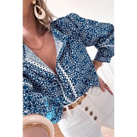 Blue Floral Ric-rac Patchwork Button Loose Fit Shirt - XL thumbnail