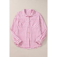 Pink Gingham Print Chest Pockets Buttoned Collared Shirt - L thumbnail