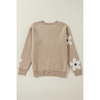 Parchment Flower Pattern Ribbed Trim Crew Neck Sweater - L thumbnail