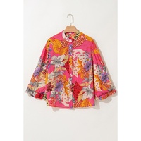 Red Abstract Floral Print Buttoned Ruffled Bubble Sleeve Shirt - S thumbnail