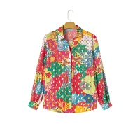 Rose Red Colorblock Abstract Print Button up Loose Shirt - S thumbnail