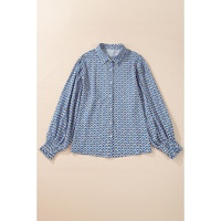 Sky Blue Abstract Print Shirred Cuff Buttoned Oversized Shirt - M thumbnail
