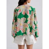 Green Floral Print Button up Pleated Puff Sleeve Loose Shirt - M thumbnail