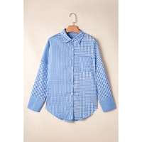 Sky Blue Stripe Plaid Patchwork Button up Long Sleeve Shirt - XL thumbnail