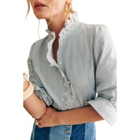 Sky Blue Stripe Frilled Trim Button Up Long Sleeve Shirt - L thumbnail