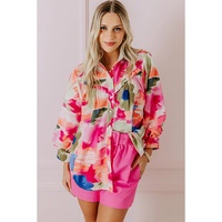 Rose Abstract Print Ruffled Puff Sleeve Shirt - L thumbnail