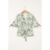 Green Landscape Print Tied 3/4 Sleeve Shirt with Sash - M thumbnail