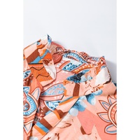 Orange Floral Print Shirred Cuff Buttoned Loose Shirt - L thumbnail