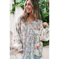 Purple Boho Floral Bishop Sleeve Button Up Loose Shirt - L thumbnail