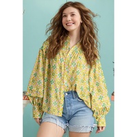 Green Boho Floral Print Frilly Detail Puff Sleeve Shirt - L thumbnail